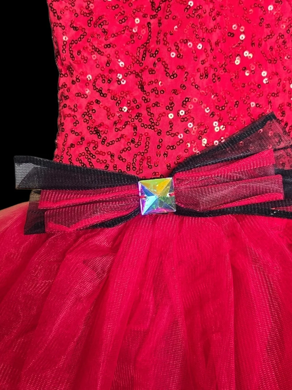 Weissman Girls Red Sequin Tulle Competition Dance Dress w/ Black Accents Sz 7/8